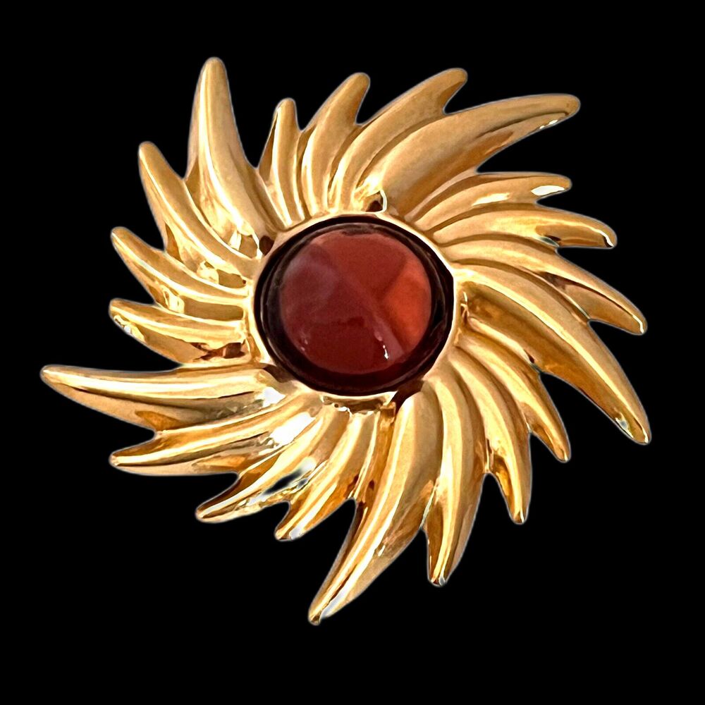 Vintage 1970s Sunburst Brooch Gold Tone Brown Cabochon Pin - 13E